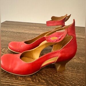 Red leather ankle strap heels